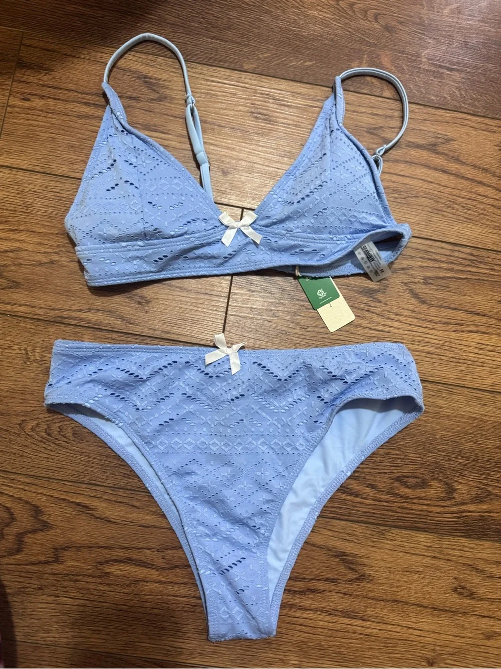 Light Blue Eyelet Bikini Set with Bow Accent
